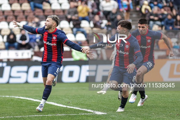 Ivan Leguizamon of San Lorenzo celebrates after scoring the first goal of his team during a match between Platense and San Lorenzo as part o...