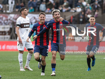 Elian Irala of San Lorenzo celebrates with his teammates after scoring the second goal of his team during a match between Platense and San L...