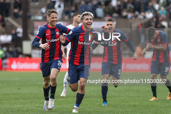 Elian Irala of San Lorenzo celebrates with his teammates after scoring the second goal of his team during a match between Platense and San L...