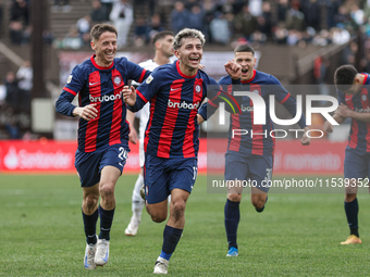 Elian Irala of San Lorenzo celebrates with his teammates after scoring the second goal of his team during a match between Platense and San L...