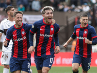 Elian Irala of San Lorenzo celebrates with his teammates after scoring the second goal of his team during a match between Platense and San L...