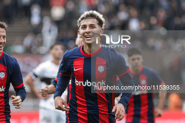 Elian Irala of San Lorenzo celebrates after scoring the second goal of his team during a match between Platense and San Lorenzo as part of L...