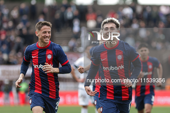 Elian Irala of San Lorenzo celebrates after scoring the second goal of his team during a match between Platense and San Lorenzo as part of L...