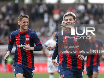 Elian Irala of San Lorenzo celebrates after scoring the second goal of his team during a match between Platense and San Lorenzo as part of L...