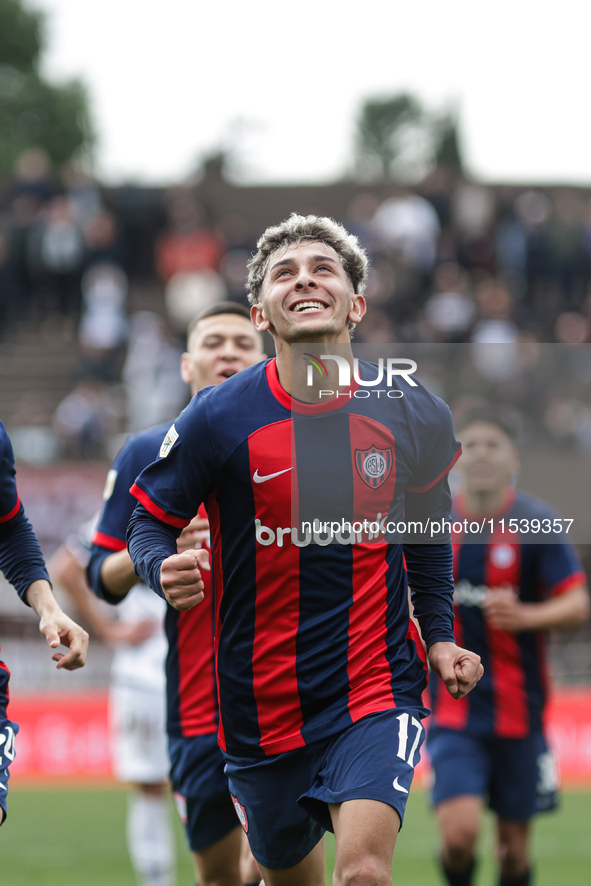 Elian Irala of San Lorenzo celebrates after scoring the second goal of his team during a match between Platense and San Lorenzo as part of L...