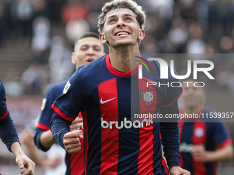 Elian Irala of San Lorenzo celebrates after scoring the second goal of his team during a match between Platense and San Lorenzo as part of L...