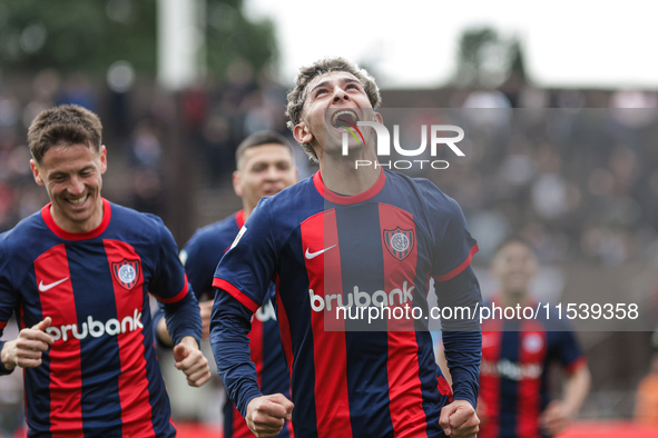 Elian Irala of San Lorenzo celebrates after scoring the second goal of his team during a match between Platense and San Lorenzo as part of L...