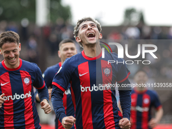 Elian Irala of San Lorenzo celebrates after scoring the second goal of his team during a match between Platense and San Lorenzo as part of L...