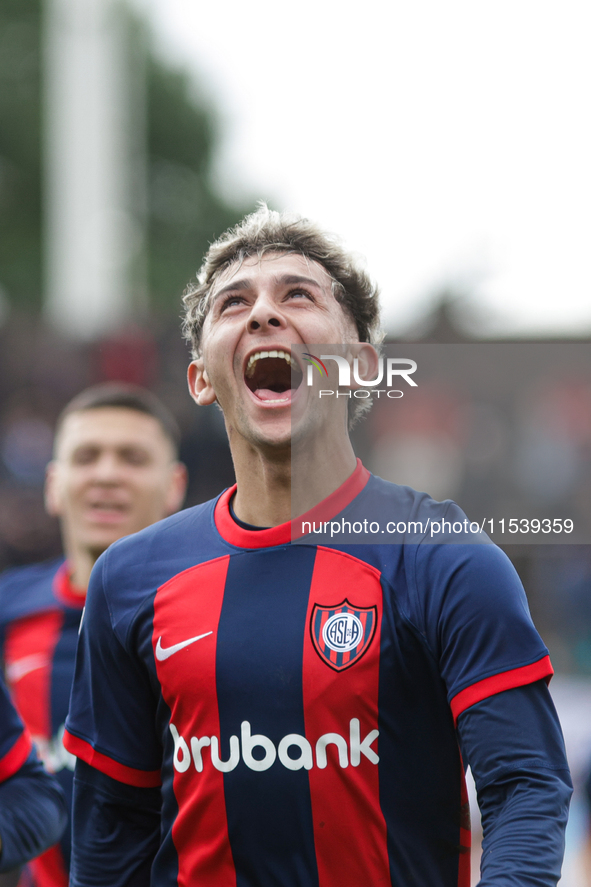 Elian Irala of San Lorenzo celebrates after scoring the second goal of his team during a match between Platense and San Lorenzo as part of L...