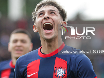 Elian Irala of San Lorenzo celebrates after scoring the second goal of his team during a match between Platense and San Lorenzo as part of L...