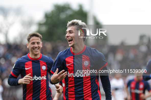 Elian Irala of San Lorenzo celebrates after scoring the second goal of his team during a match between Platense and San Lorenzo as part of L...