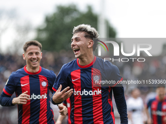 Elian Irala of San Lorenzo celebrates after scoring the second goal of his team during a match between Platense and San Lorenzo as part of L...