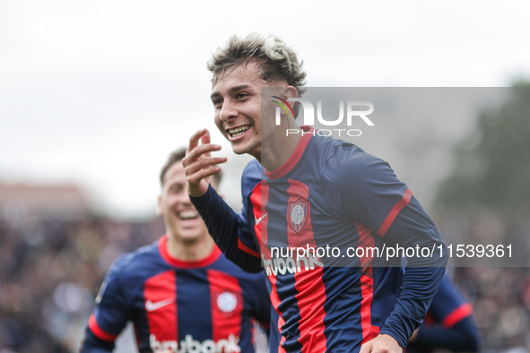 Elian Irala of San Lorenzo celebrates after scoring the second goal of his team during a match between Platense and San Lorenzo as part of L...