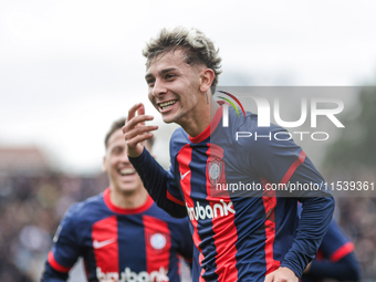 Elian Irala of San Lorenzo celebrates after scoring the second goal of his team during a match between Platense and San Lorenzo as part of L...