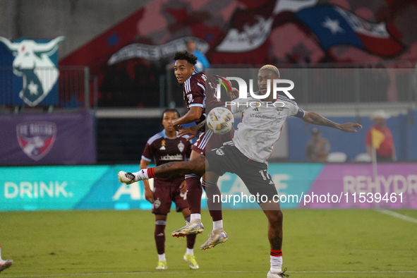 FC Dallas defender Nkosi Tafari #17 battles for the ball with Jonathan Lewis #7 of Colorado Rapids during the MLS match between FC Dallas an...