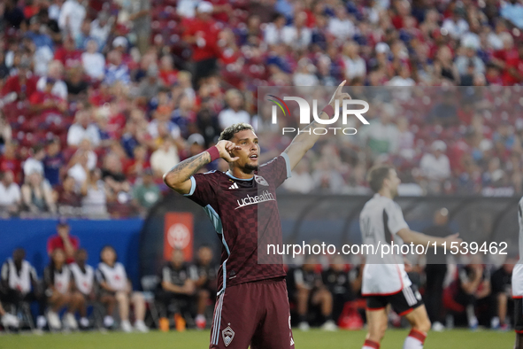 Colorado Rapids forward Rafael Navarro #9 celebrates after scoring a goal during the MLS match between FC Dallas and Colorado Rapids at Toyo...