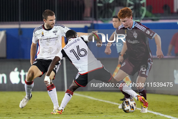 FC Dallas player Katlego Ntsabeleng #16 and Colorado Rapids midfielder Oliver Larraz #18 battle for the ball during the MLS match between FC...