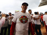 Lorenzo Bundy, #30 manager of Diablos Rojos, celebrates after winning the South Zone 2024 championship series of the Mexican Baseball League...