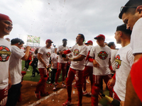 Diablos Rojos players celebrate winning the South Zone 2024 championship series of the Mexican Baseball League (LMB) against Guerreros de Oa...