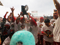 Diablos Rojos players celebrate winning the South Zone 2024 championship series of the Mexican Baseball League (LMB) against Guerreros de Oa...