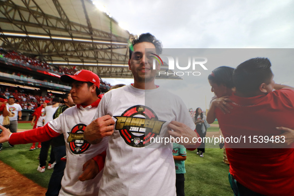 Juan Carlos Gamboa #47 of Diablos Rojos celebrates after winning the South Zone 2024 championship series of the Mexican Baseball League (LMB...