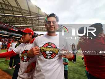 Juan Carlos Gamboa #47 of Diablos Rojos celebrates after winning the South Zone 2024 championship series of the Mexican Baseball League (LMB...