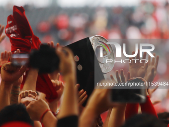 Diablos Rojos players celebrate winning the South Zone 2024 championship series of the Mexican Baseball League (LMB) against Guerreros de Oa...