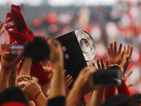 Diablos Rojos players celebrate winning the South Zone 2024 championship series of the Mexican Baseball League (LMB) against Guerreros de Oa...