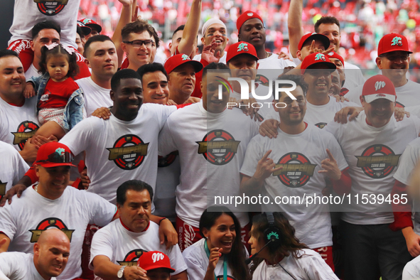 Diablos Rojos players celebrate winning the South Zone 2024 championship series of the Mexican Baseball League (LMB) against Guerreros de Oa...