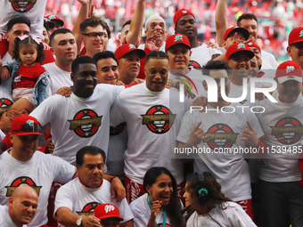 Diablos Rojos players celebrate winning the South Zone 2024 championship series of the Mexican Baseball League (LMB) against Guerreros de Oa...