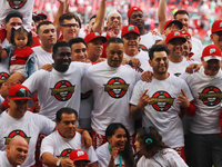 Diablos Rojos players celebrate winning the South Zone 2024 championship series of the Mexican Baseball League (LMB) against Guerreros de Oa...