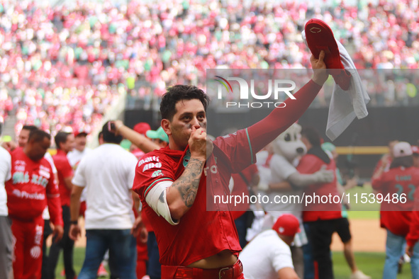 Juan Carlos Gamboa #47 of Diablos Rojos celebrates at the end of match 7 of the Mexican Baseball League (LMB) South Zone 2024 championship s...