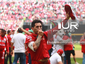 Juan Carlos Gamboa #47 of Diablos Rojos celebrates at the end of match 7 of the Mexican Baseball League (LMB) South Zone 2024 championship s...