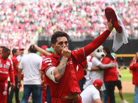 Juan Carlos Gamboa #47 of Diablos Rojos celebrates at the end of match 7 of the Mexican Baseball League (LMB) South Zone 2024 championship s...