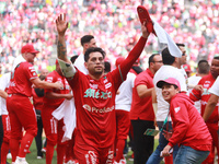 Juan Carlos Gamboa #47 of Diablos Rojos celebrates at the end of match 7 of the Mexican Baseball League (LMB) South Zone 2024 championship s...