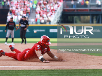 Ramon Flores #23 of Diablos Rojos slides to the third base plate during match 7 of the Mexican Baseball League (LMB) South Zone 2024 champio...