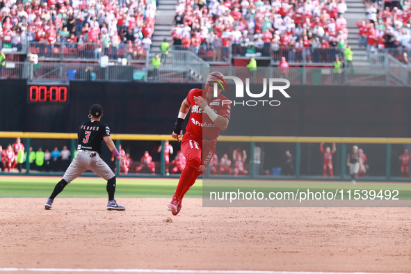 Ramon Flores #23 of Diablos Rojos runs to third base during match 7 of the Mexican Baseball League (LMB) South Zone 2024 championship series...