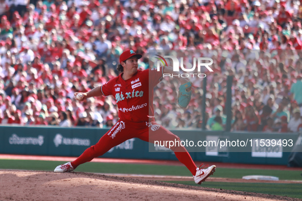 Trevor Bauer #96 of Diablos Rojos pitches the ball during match 7 of the Mexican Baseball League (LMB) South Zone 2024 championship series a...