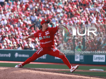 Trevor Bauer #96 of Diablos Rojos pitches the ball during match 7 of the Mexican Baseball League (LMB) South Zone 2024 championship series a...