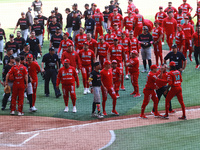 Diablos Rojos players celebrate at the end of match 7 of the Mexican Baseball League (LMB) South Zone 2024 championship series against Guerr...