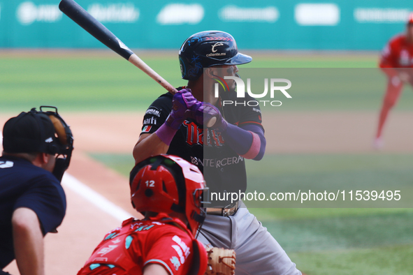 Jorge Flores #3 of Guerreros de Oaxaca bats during match 7 of the Mexican Baseball League (LMB) South Zone 2024 championship series against...