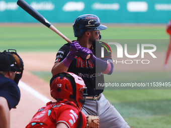 Jorge Flores #3 of Guerreros de Oaxaca bats during match 7 of the Mexican Baseball League (LMB) South Zone 2024 championship series against...