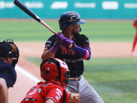 Jorge Flores #3 of Guerreros de Oaxaca bats during match 7 of the Mexican Baseball League (LMB) South Zone 2024 championship series against...