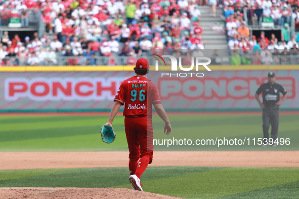 Trevor Bauer #96 of Diablos Rojos pitches the ball during match 7 of the Mexican Baseball League (LMB) South Zone 2024 championship series a...