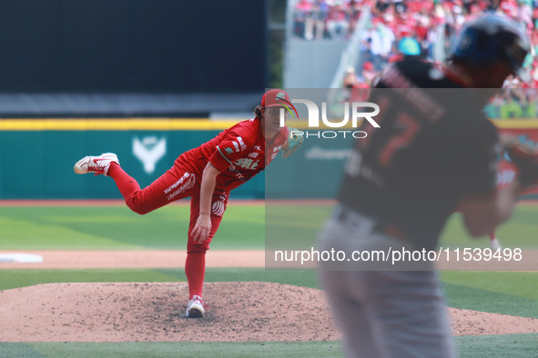 Trevor Bauer #96 of Diablos Rojos pitches the ball during match 7 of the Mexican Baseball League (LMB) South Zone 2024 championship series a...