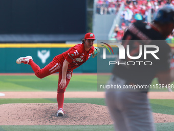 Trevor Bauer #96 of Diablos Rojos pitches the ball during match 7 of the Mexican Baseball League (LMB) South Zone 2024 championship series a...