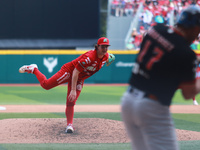 Trevor Bauer #96 of Diablos Rojos pitches the ball during match 7 of the Mexican Baseball League (LMB) South Zone 2024 championship series a...