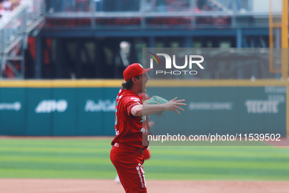 Trevor Bauer #96 of Diablos Rojos celebrates during match 7 of the Mexican Baseball League (LMB) South Zone 2024 championship series against...