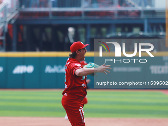 Trevor Bauer #96 of Diablos Rojos celebrates during match 7 of the Mexican Baseball League (LMB) South Zone 2024 championship series against...