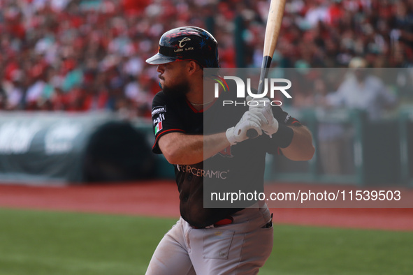 Roberto Ramos #44 of Guerreros de Oaxaca bats during match 7 of the Mexican Baseball League (LMB) South Zone 2024 championship series agains...